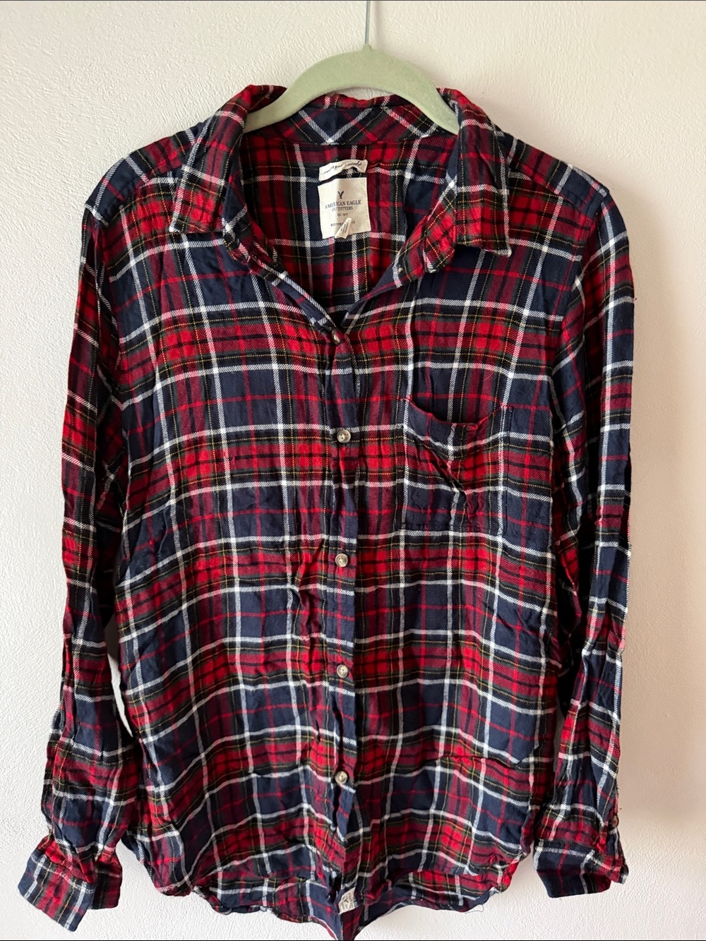 American Eagle Outfitters Red and Navy Plaid Boyfriend Shirt